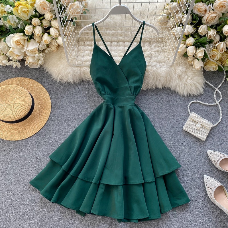 V-Neck Backless Lace Up Ruffles Cakes Solid A-line High Waist Dress