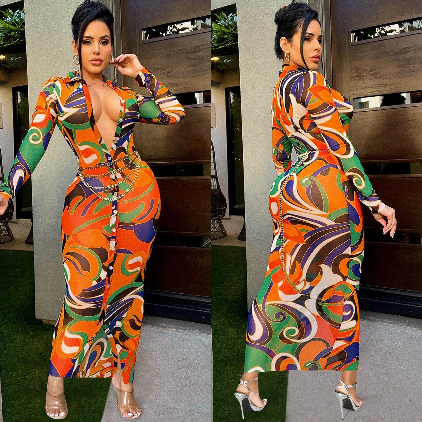 Print Mesh Sheer Bodycon Button Up Long Sleeve Maxi Dress