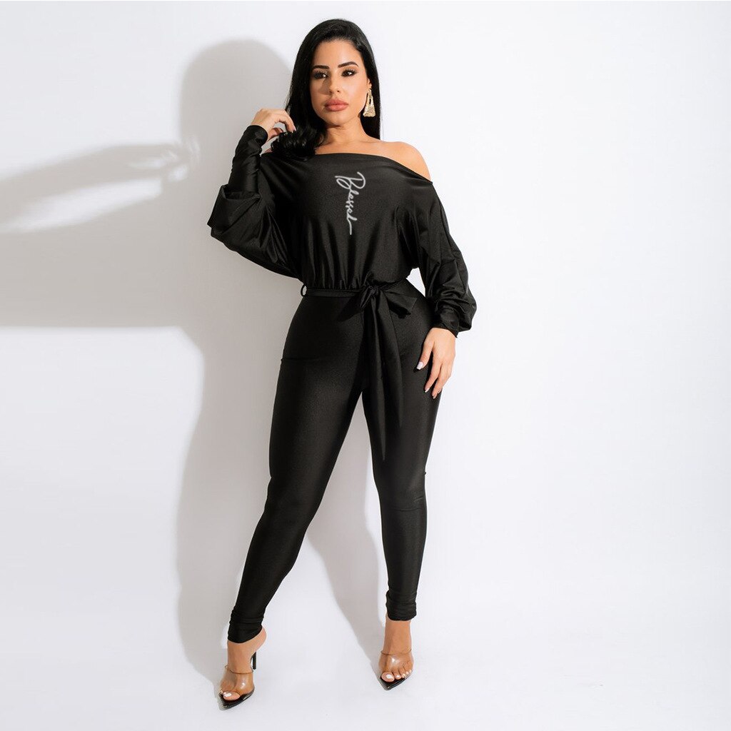 Shoulderless Long Sleeve Letter Print Belt Jumpsuit w/ Belt