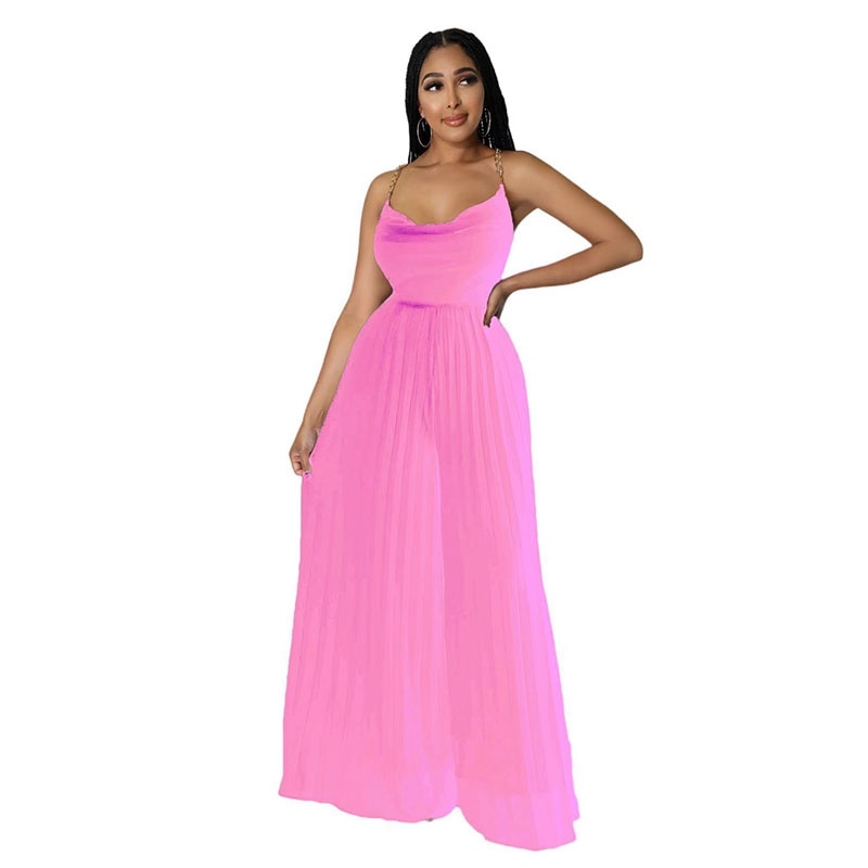 Pleated Chiffon Spaghetti Chain Strap Backless Wide Leg Jumpsuit