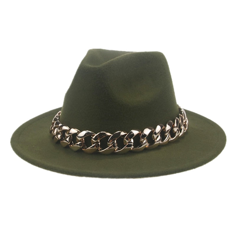 Unisex Gold Chain Design Wide Brim Panama Fedora Hat