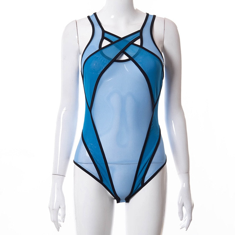 Transparent Mesh Hollow Out Patchwork Ladies Swimsuit