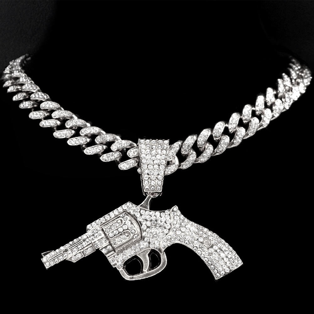 Bling Iced Out Revolver Gun Pendant Necklace With 13mm Crystal Cuban Link Chain Necklace