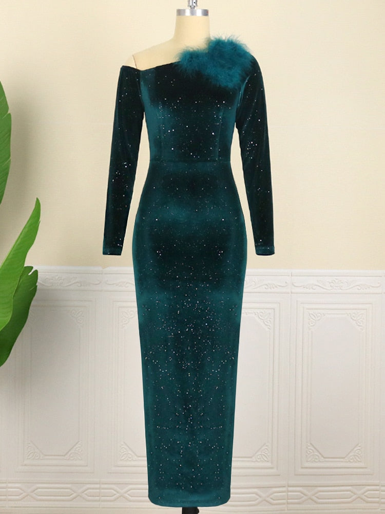 Velvet Dark Green Feathered Sequined Cold Shoulder Long Sleeve Bodycon Formal Evening Gown Party/Prom Maxi Dress to 4X