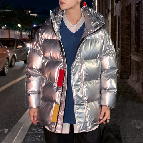 Metallic Shiny Men's Hooded Cotton Padded Puffer Bomber Jacket