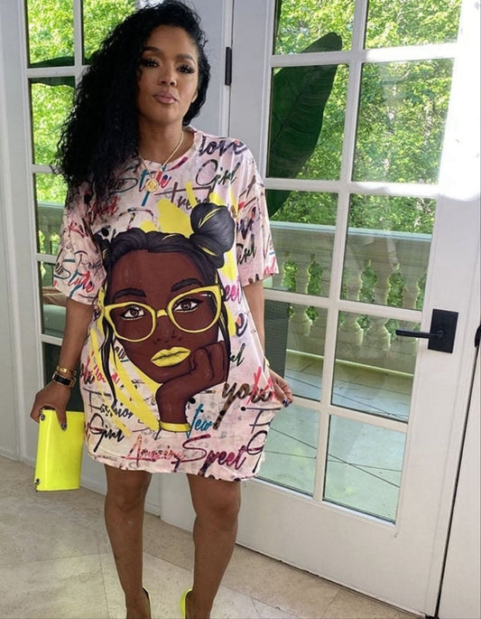 Black Woman w/ Glasses 3D Printed Oversized Loose Mini T-Shirt Dress