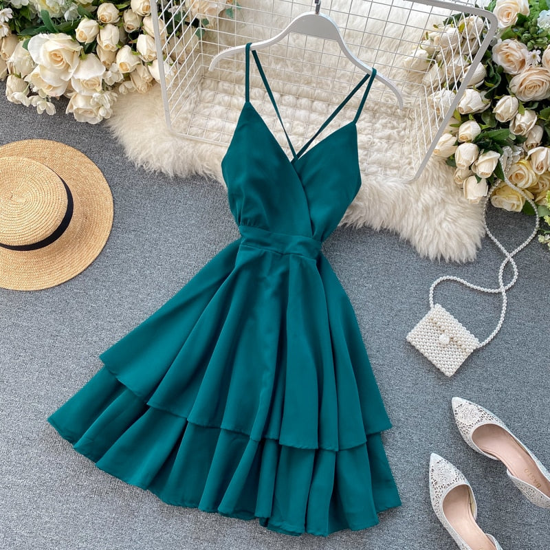 V-Neck Backless Lace Up Ruffles Cakes Solid A-line High Waist Dress