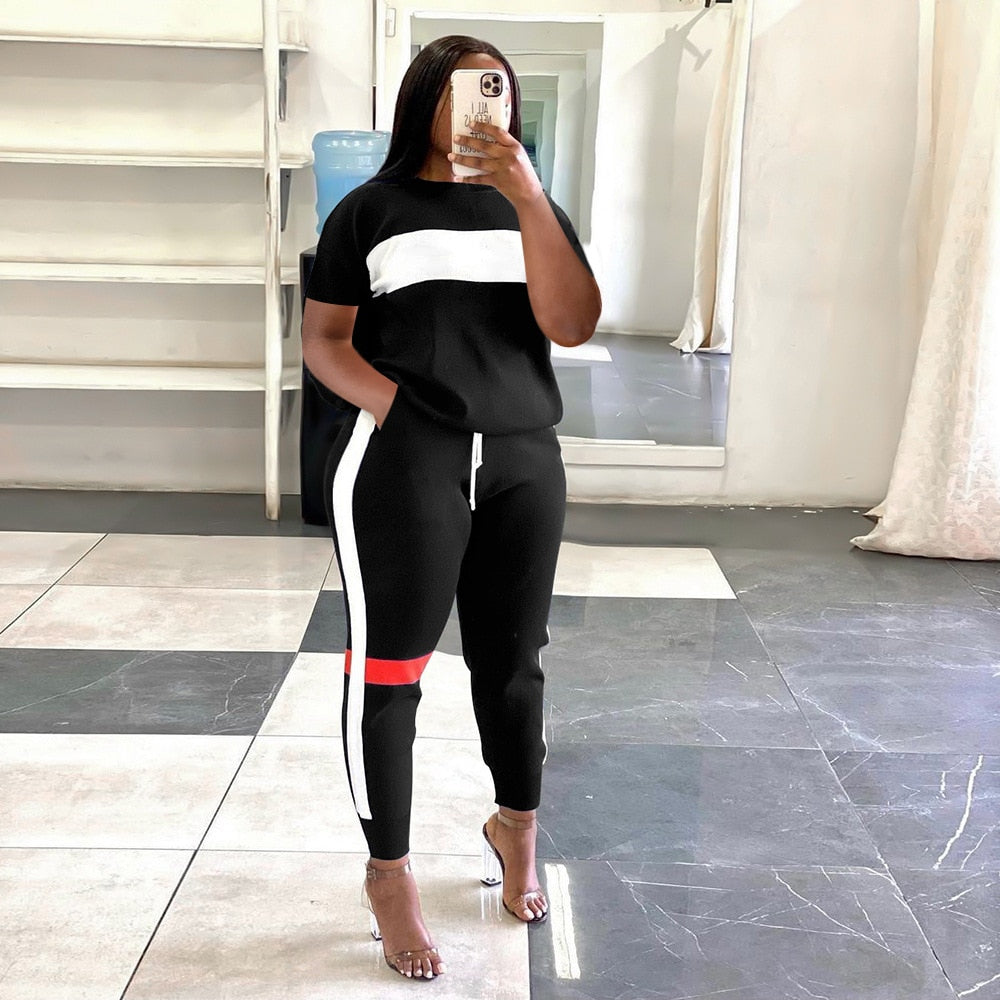 Striped Colorblock Plus Size Ladies Pullover Sweatshirt + Jogger Pants Tracksuit to 3X