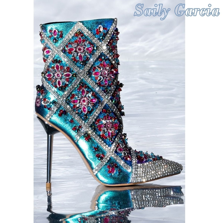 Rhinestone Decorated Stiletetto Heel Pointed Toe Ankle Boots