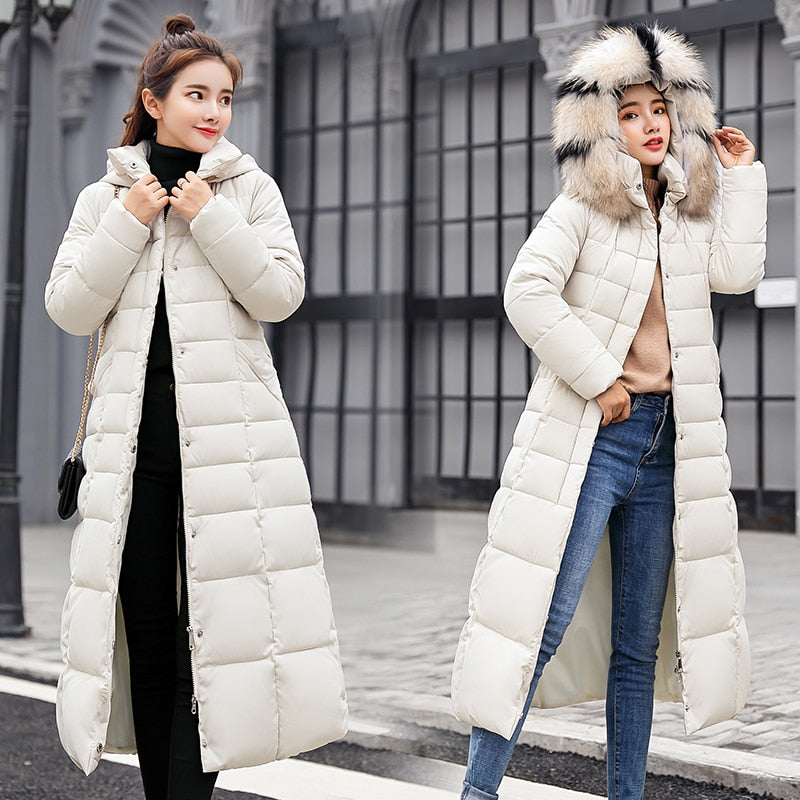 Quilted Hooded Goose Down Women's Bow Belt Fox Fur Collar Trenchcoat