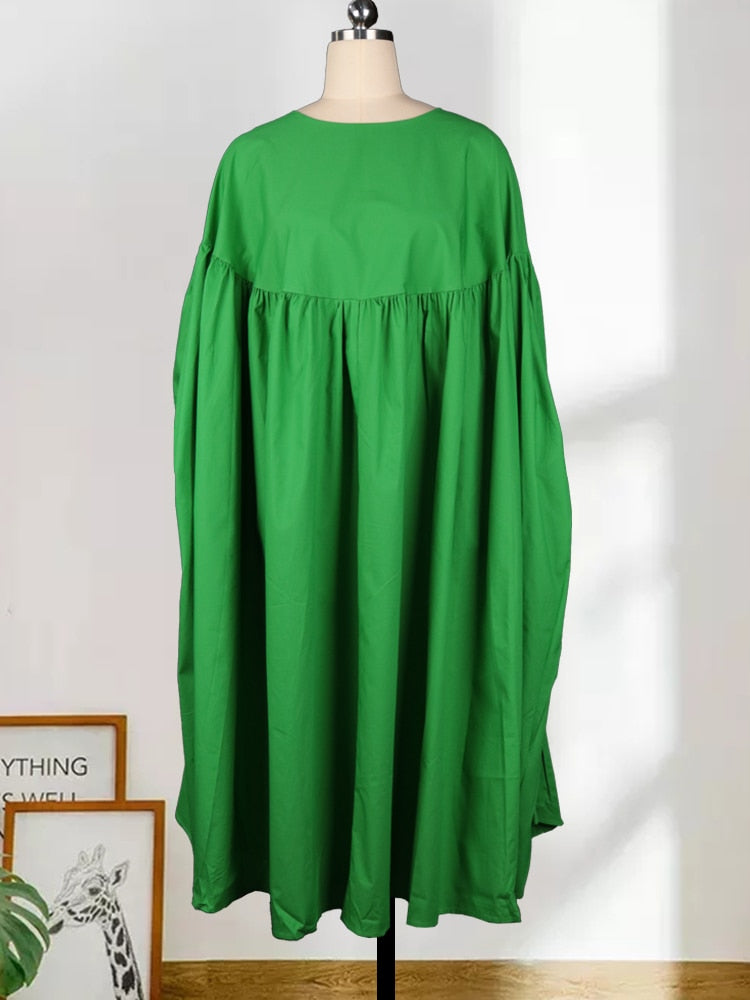 Solid Oversized Loose Long Sleeve O-Neck  Pleated Baggy Robe Dress-ONE SIZE