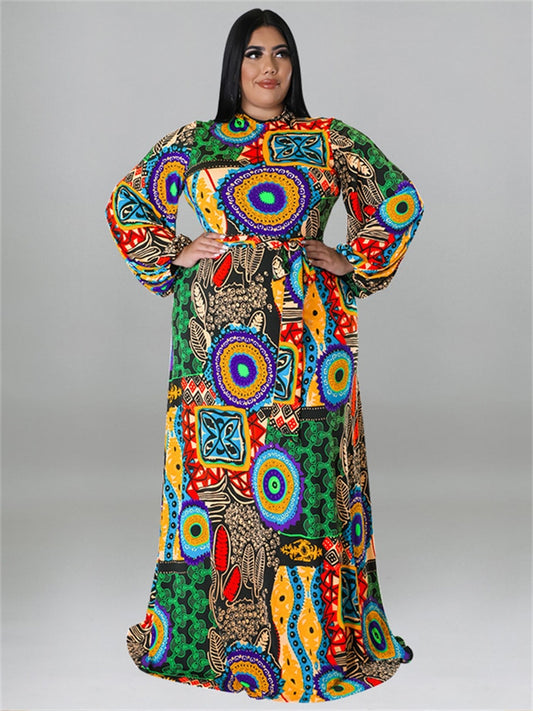 African Print Long Sleeve Maxi Dress Plus to 5X