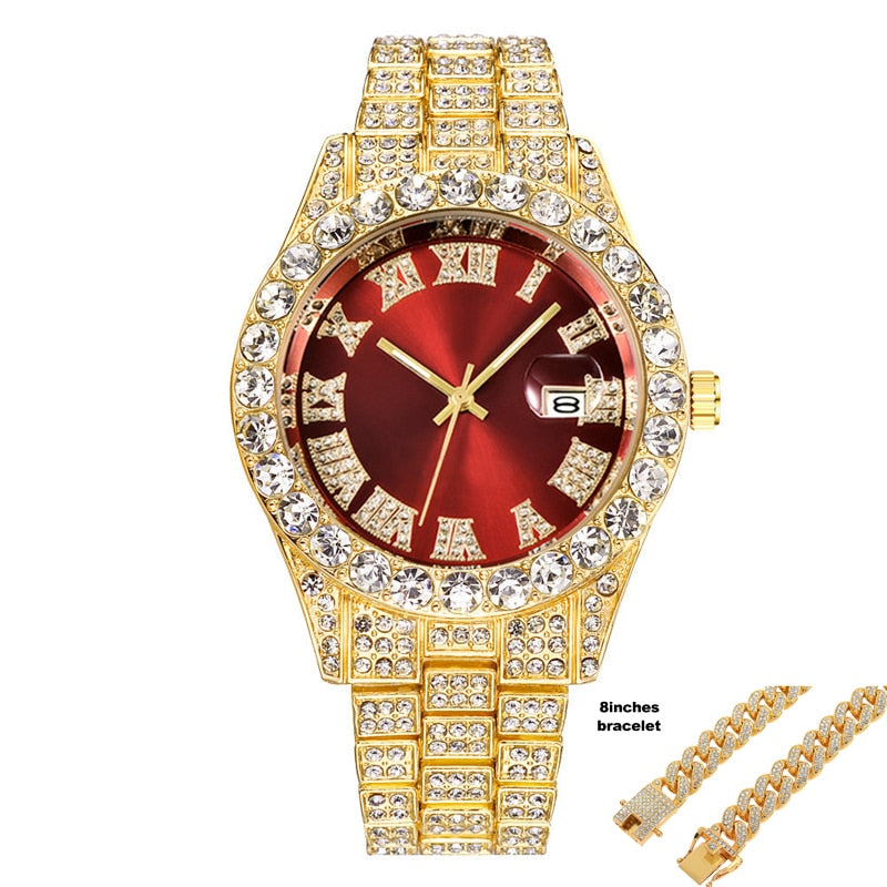 Colored Iced Out Full Diamond Around Luxury Quartz Men's Watches Silve