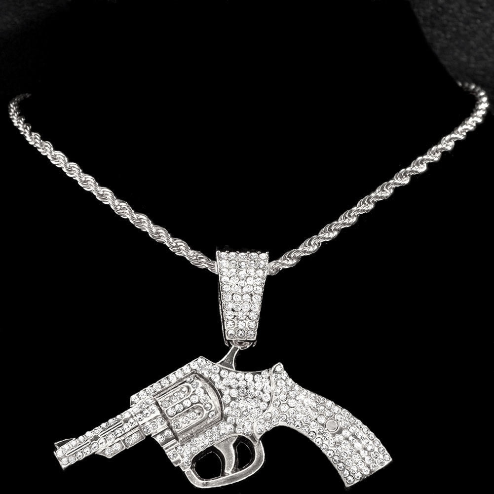 Bling Iced Out Revolver Gun Pendant Necklace With 13mm Crystal Cuban Link Chain Necklace