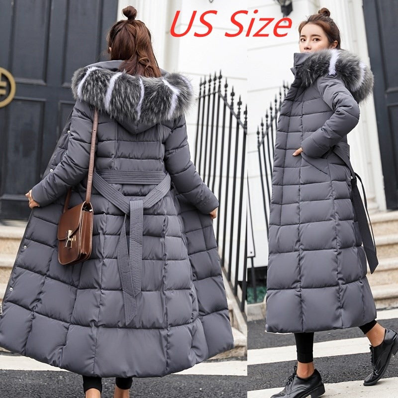 Quilted Hooded Goose Down Women's Bow Belt Fox Fur Collar Trenchcoat