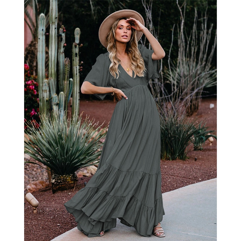 Tiered Vintage Pleated Solid Deep V-Neck Short Sleeve Maxi Dress