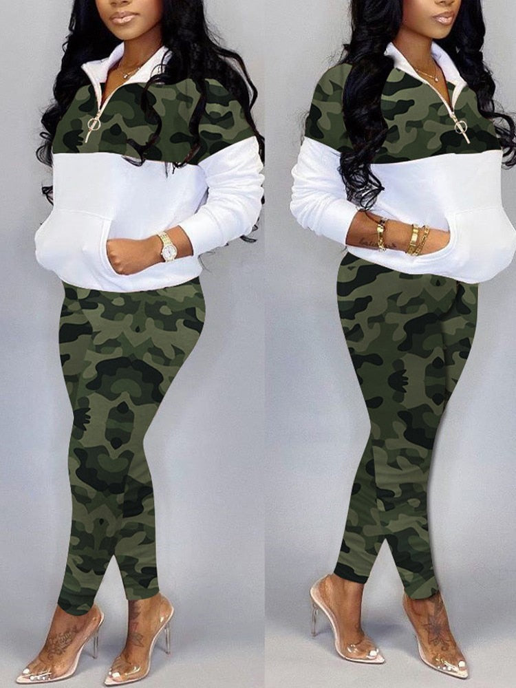 Camoflauge Geometric Print Pocket Zipper Front Pullover & Pants Plus Ladies Sweatsuit to 4X