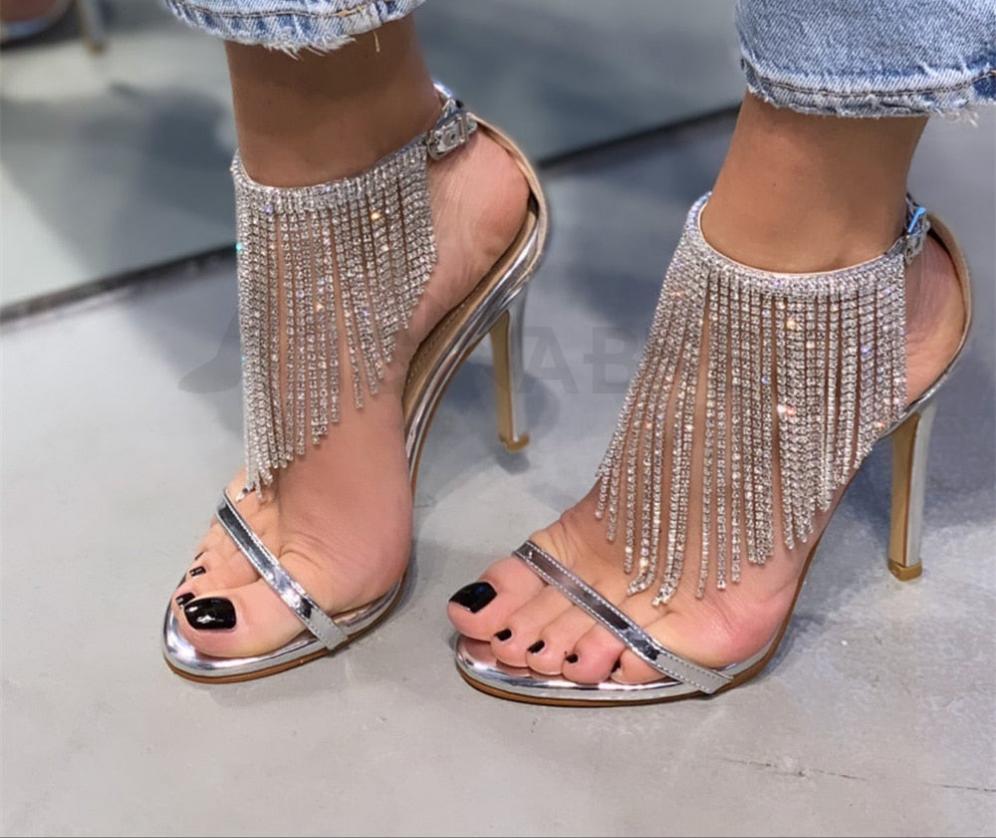 Rhinestone Tassel Pointed Toe Stiletto Buckle Strap Sandals