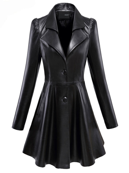 Notched Lapel PU Leather Puff Sleeve Skirted Blazer Style 3/4 Length Coat to 7X Plus