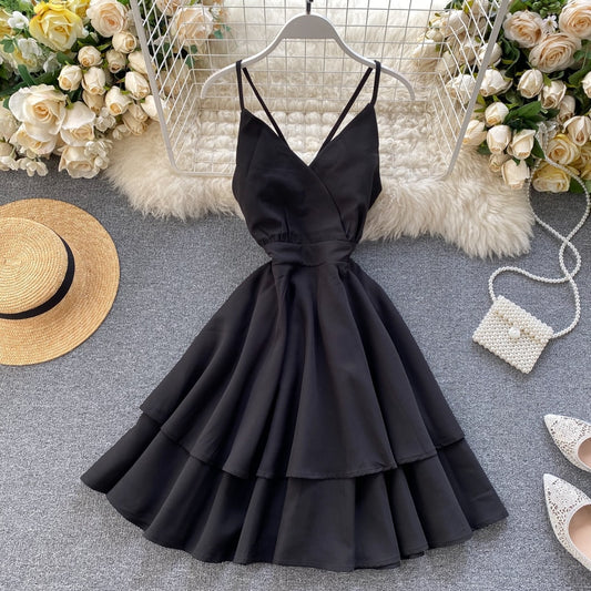 V-Neck Backless Lace Up Ruffles Cakes Solid A-line High Waist Dress