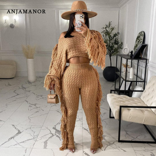 Tassel Fringe Detail Batwing Sleeve Women's Knitted Cropped Sweater & Matching Pants 2-Piece Set