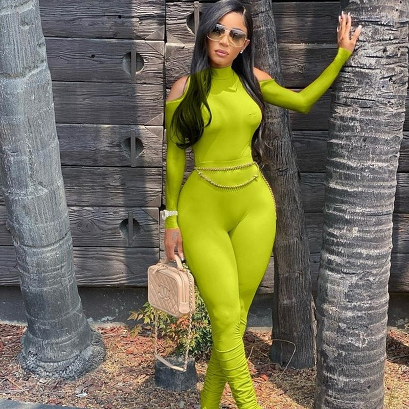 Open Shoulder Bandage Bodycon Long Sleeve Stacked Pant Jumpsuit