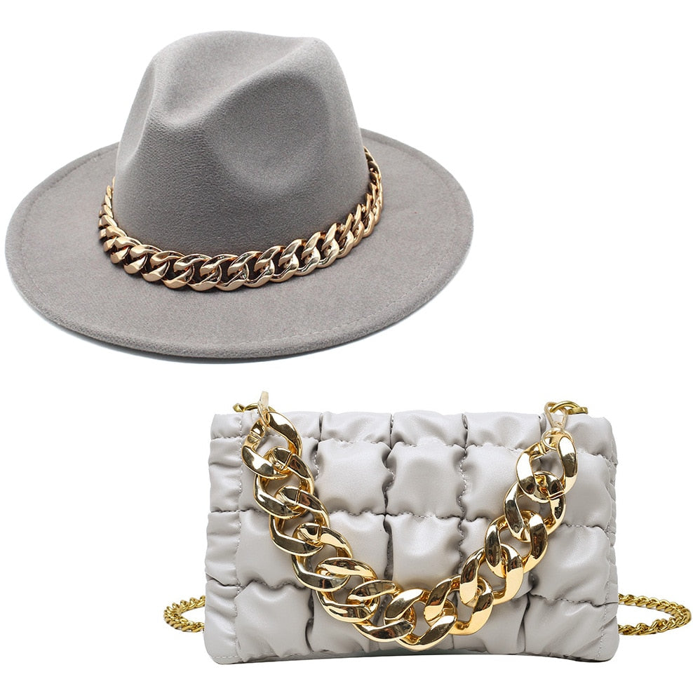 Fedora Gold Chain Hat & Purse Set