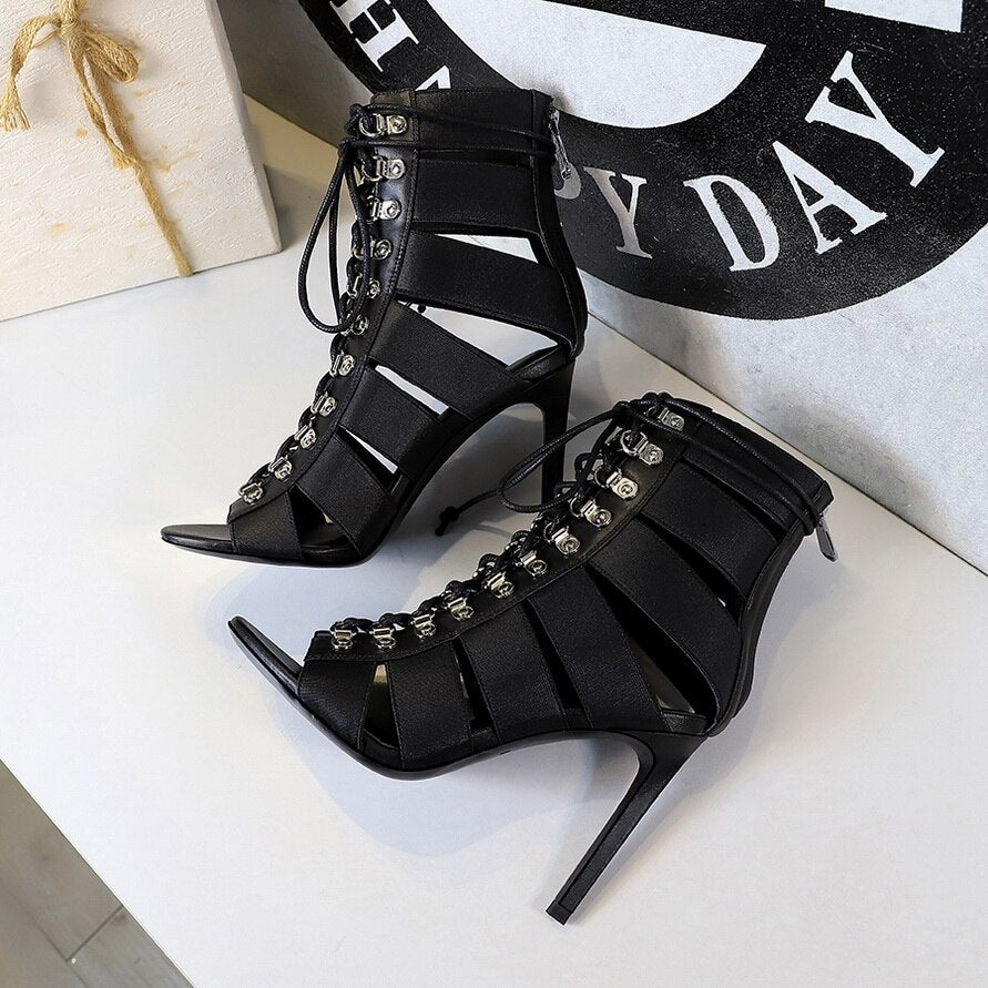 Stiletto Cross Strap Fish Mouth Hollow High-top Hole Roman Ankle Boots