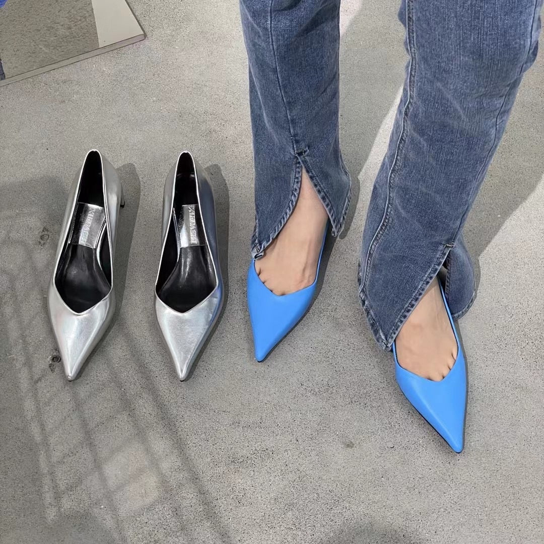 Pointed Toe Shallow Slip On Thick High Heels Blue/Green/Pink/Silver Pumps