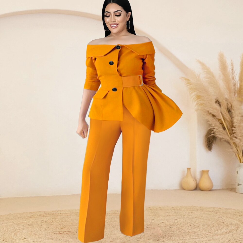 Off Shoulder Long Sleeve Button Up Blazer + High Waist Pants Women's Office Suit to 3X Plus