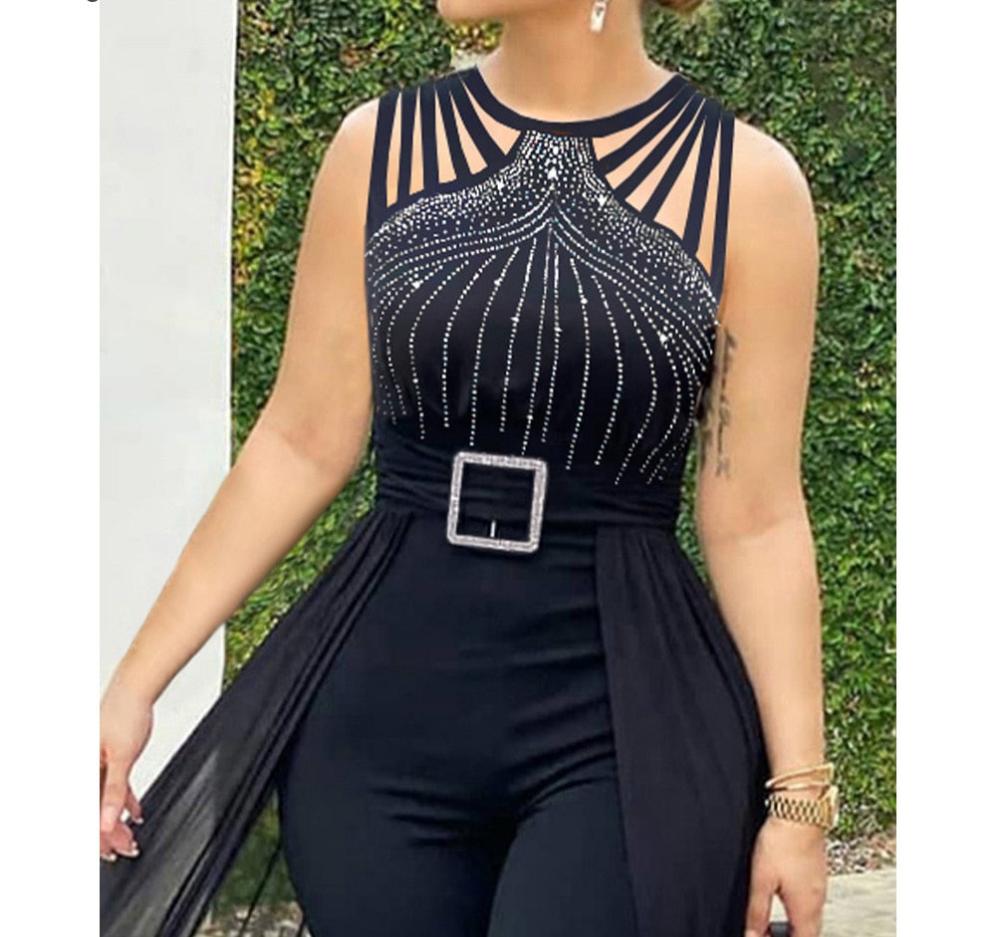 Round Neck Rhinestone Sheer Mesh Sleeveless Jumpsuit w/ Belt