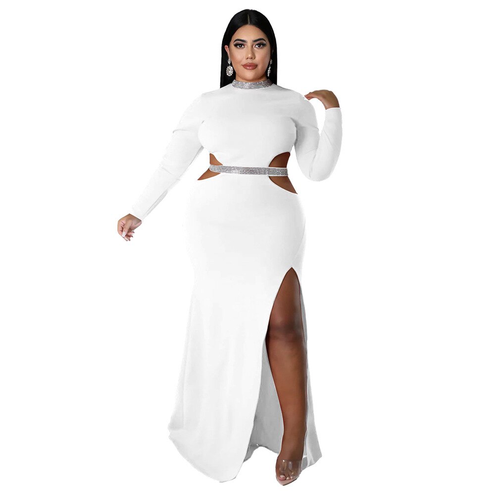 Holllow Out Long Sleeve Side Slit Plus Size Dress to 4X