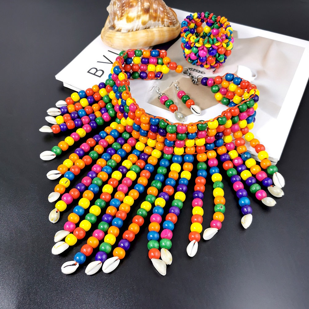 Beaded Wood Rainbow Color Bohemian Jewelry Set-Choker Necklace, Earrings & Bracelet