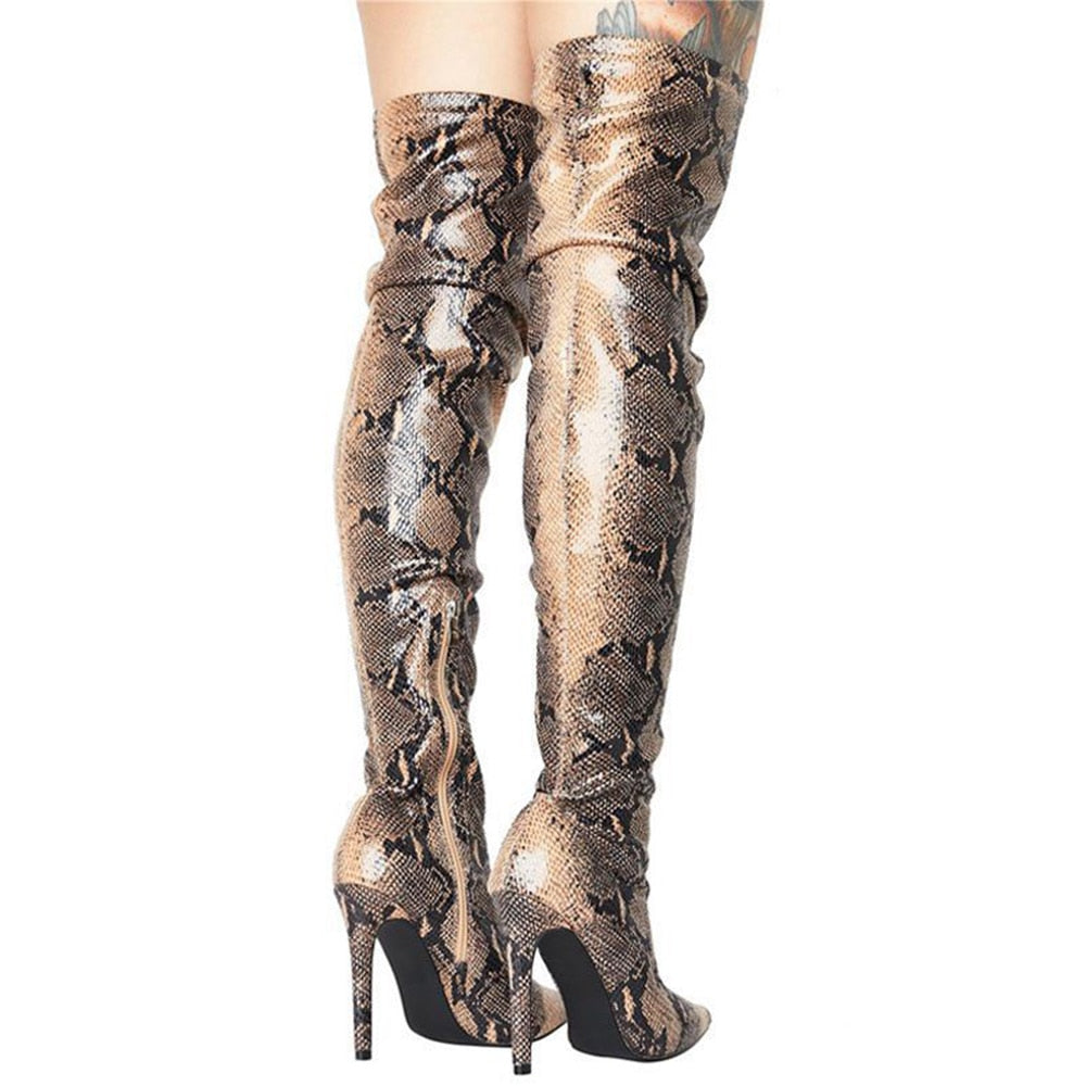 Cheetah/Leopard/Snake Print Pointed Toe Thigh High Stretch Zipper Stiletto Boots