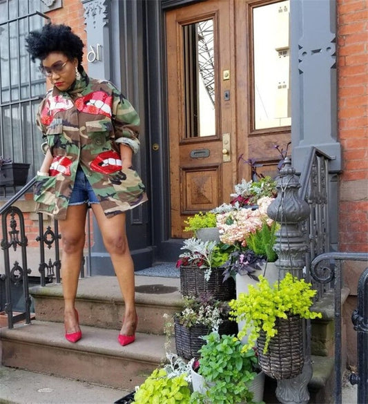 Sequin Hot Red Lip Print Camouflage Women's Button-Up Pocket Jean Jacket to 3X Plus Size