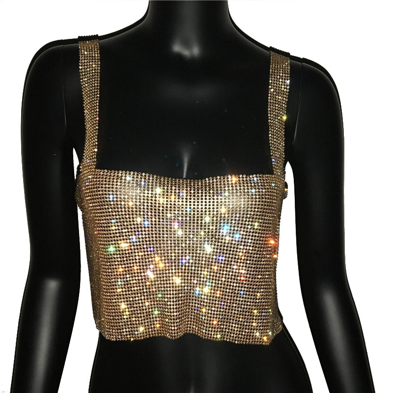 Metallic Glitter Backless Rhinestone Crystal Sequin Cropped Tank Top