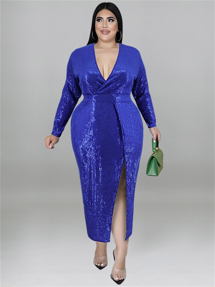 Sequin V-Neck Bodycon Evening Midi Dress Plus to 5X