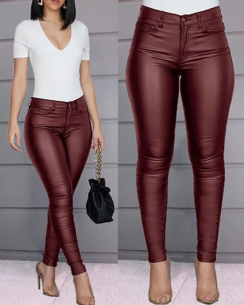 Solid Buttoned Coated PU Pants Women Skinny Pencil Pants