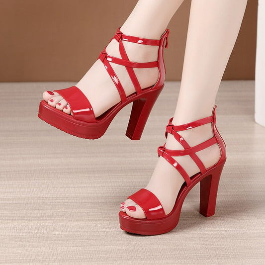 Block Heel Platform Gladiator Patent Leather Sandals