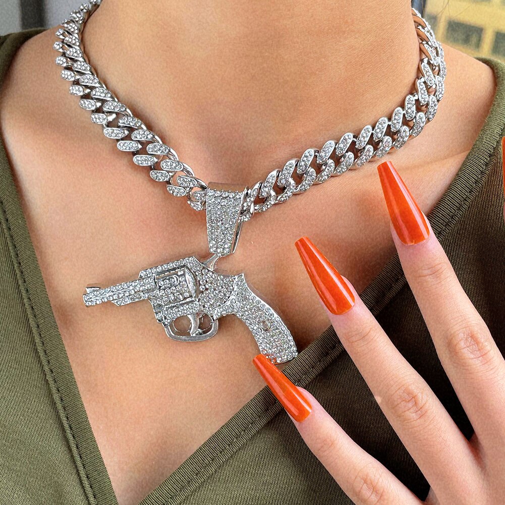 Bling Iced Out Revolver Gun Pendant Necklace With 13mm Crystal Cuban Link Chain Necklace