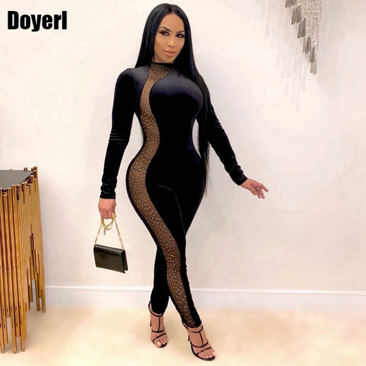 Velvet Rhinestone Patchwork Mesh Bodycon Jumpsuit