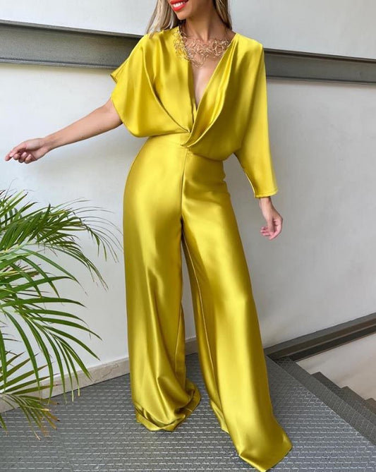 Plunge Neckline Satin Asymmetrical Sleeve Backless Wide Leg Jumpsuit