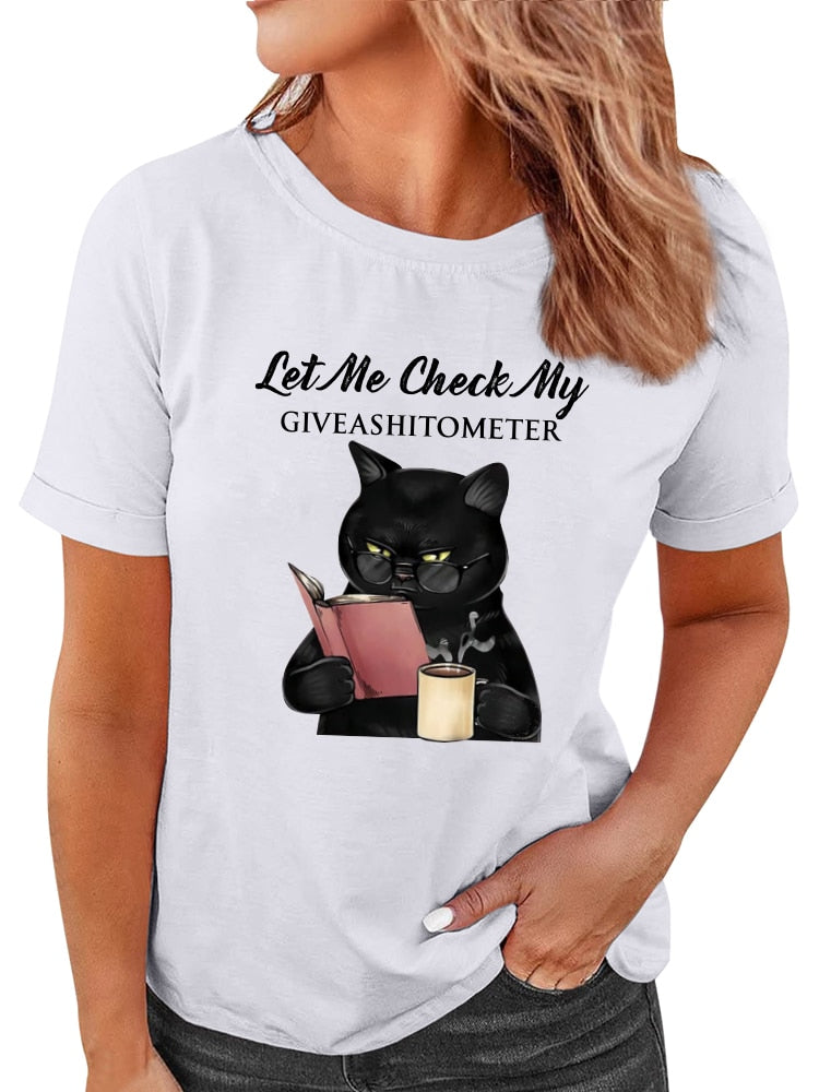 "Let Me Check My Give A Shit O Meter" Letter Print Funny Black Cat Women's T-shirt