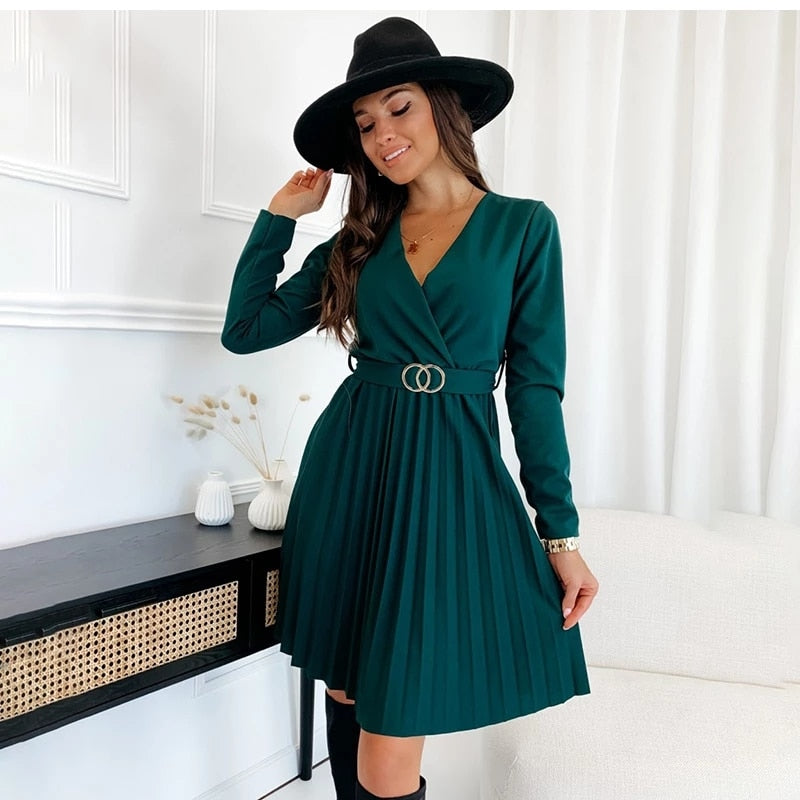 Pleated Mini V-Neck Long Sleeve Lace Up Dress