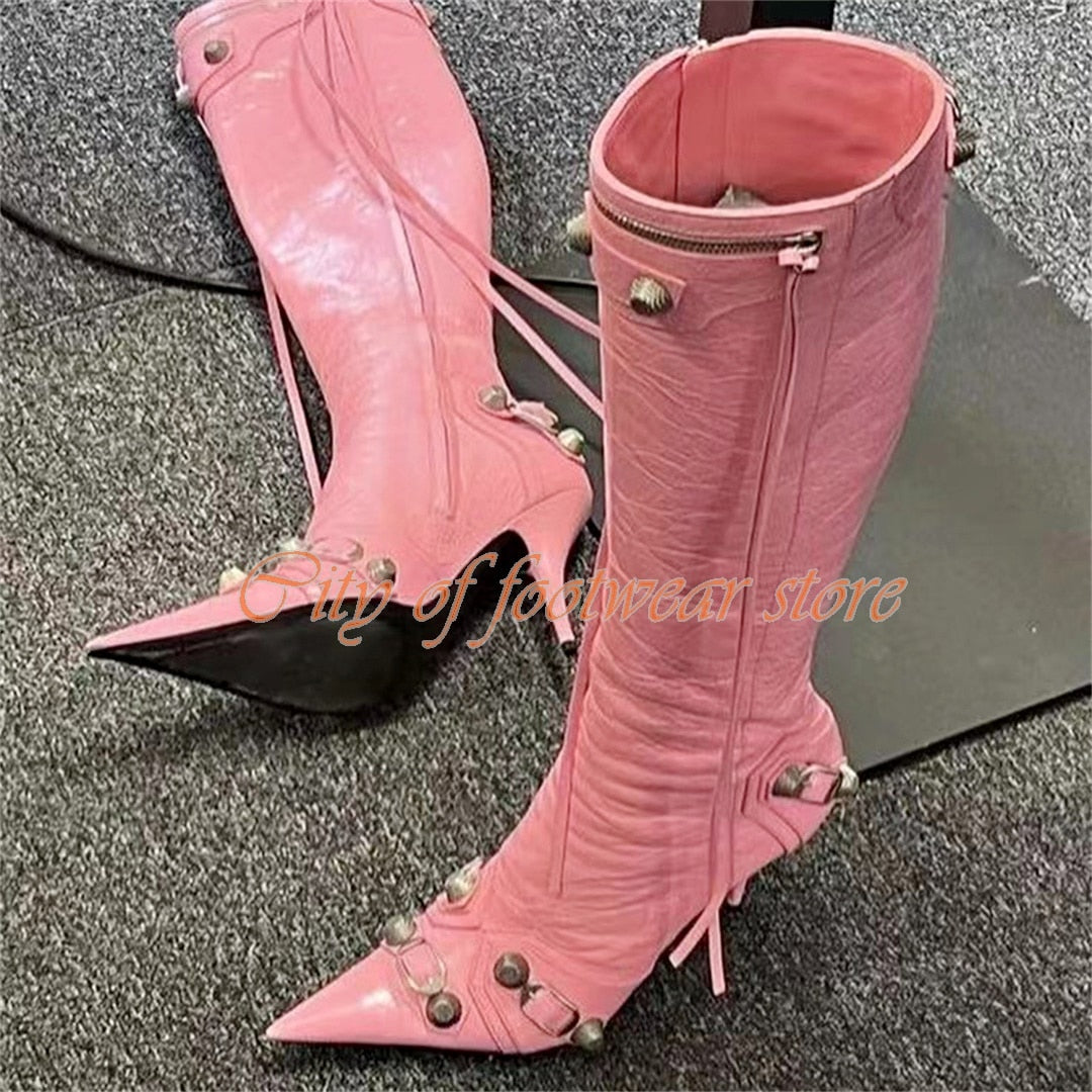 Pointed Toe Buckle Zipper Stiletto Rivets Knee High Boots