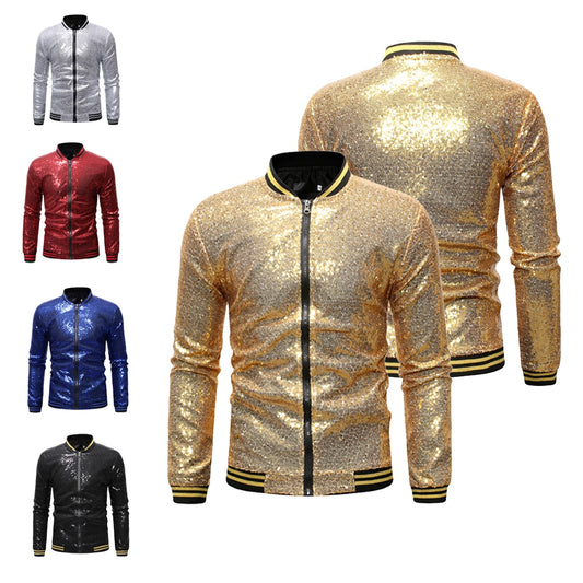 Shiny Sequin Long Sleeve Unisex Zipper Bomber Jacket