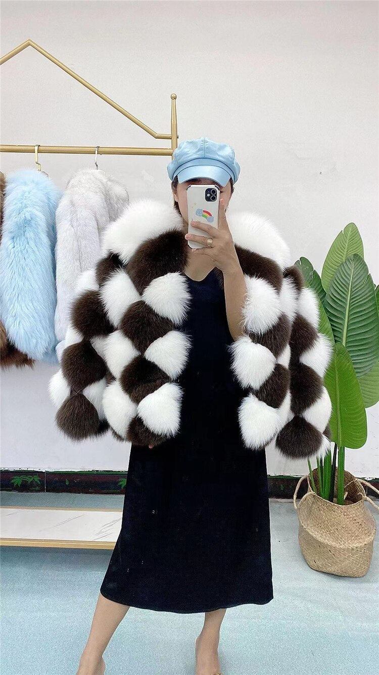 REAL FOX FUR Ladies Plaid Checkerboard Pattern Jacket