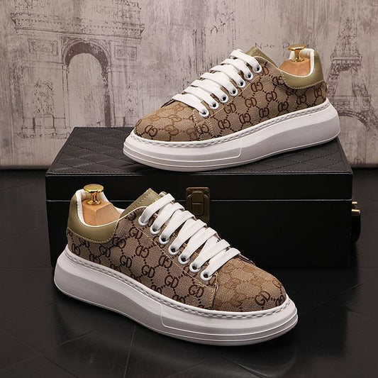 Men's Designer Cloth Monogram Brown/Tan Canvas Lace Up Sneakers