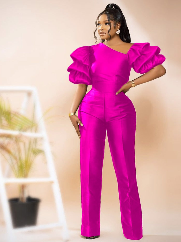 Asymmetrical Shiny Puff Sleeve Wide Leg Jumpsuit to 4X