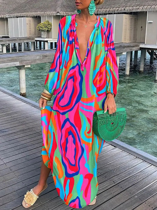 Bohemian Deep V-Neck Vintage Print Long Sleeve Maxi Dress